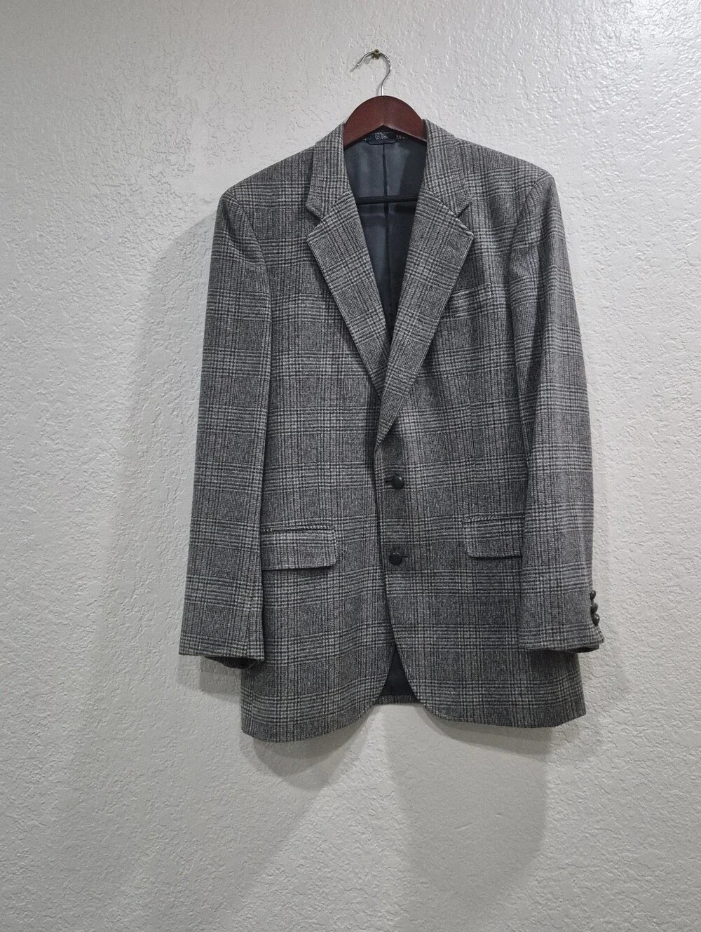 Vintage Gino Salvaggi Wool & Camel Blend Glen Plaid Blazer 43L Gray